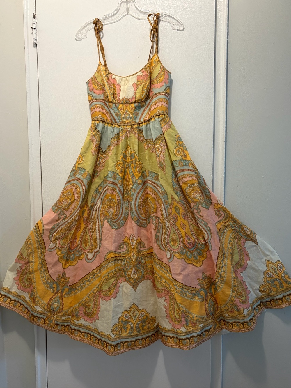 Zimmermann Cotton Paisley Tie-Shoulder Sundress in Pink, Yellow & Light Blue